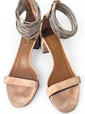 Aquazzura Beige Suede Ankle-Wrap Block Heel Sandals